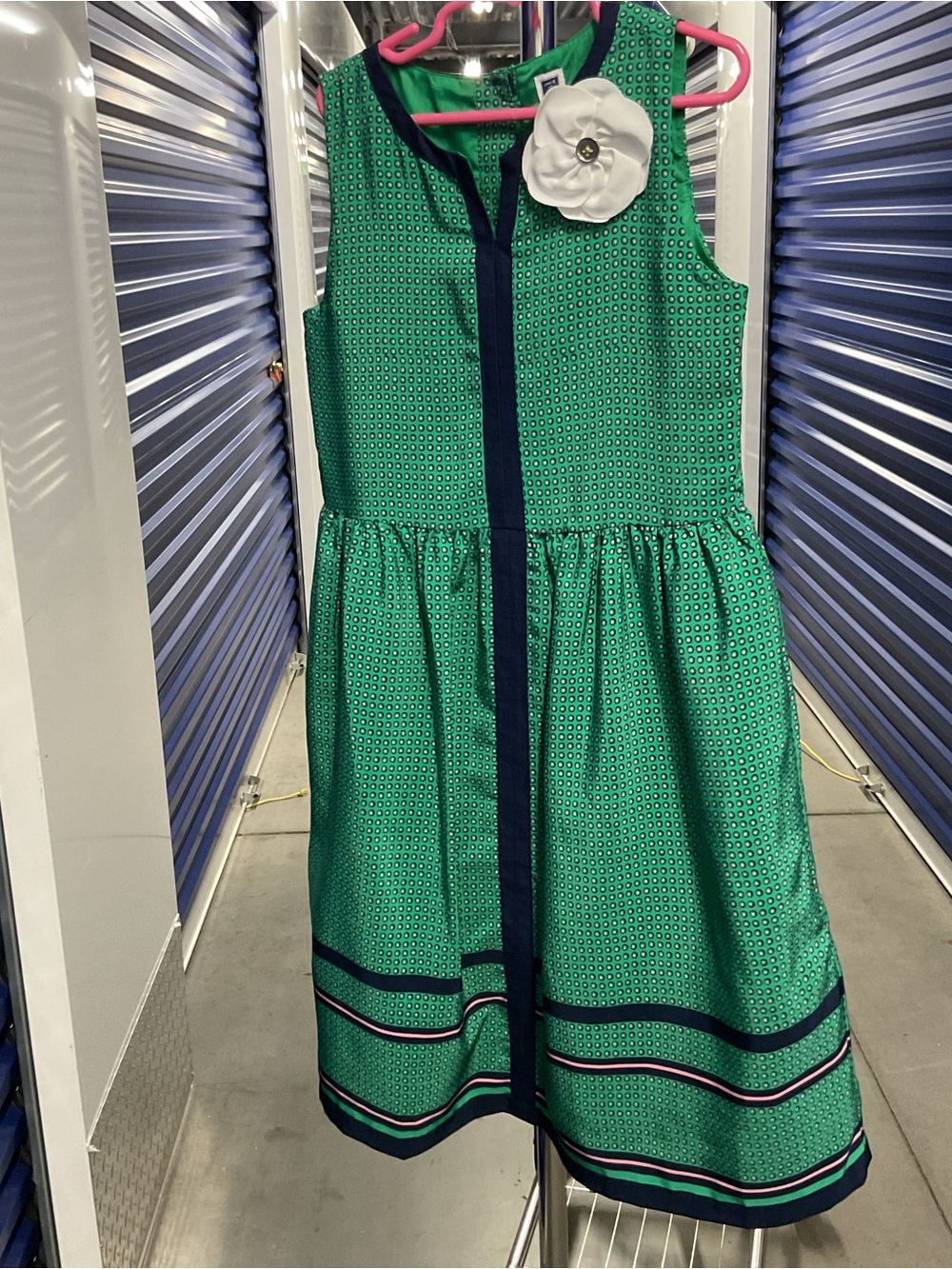 Janie and Jack Green Geometric Sleeveless Dress with Navy Trim and White Flower